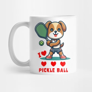 I Love Pickle Ball, Cute Dog playing Pickle Ball, funny graphic t-shirt for lovers of Pickle Ball and Dogs Mug